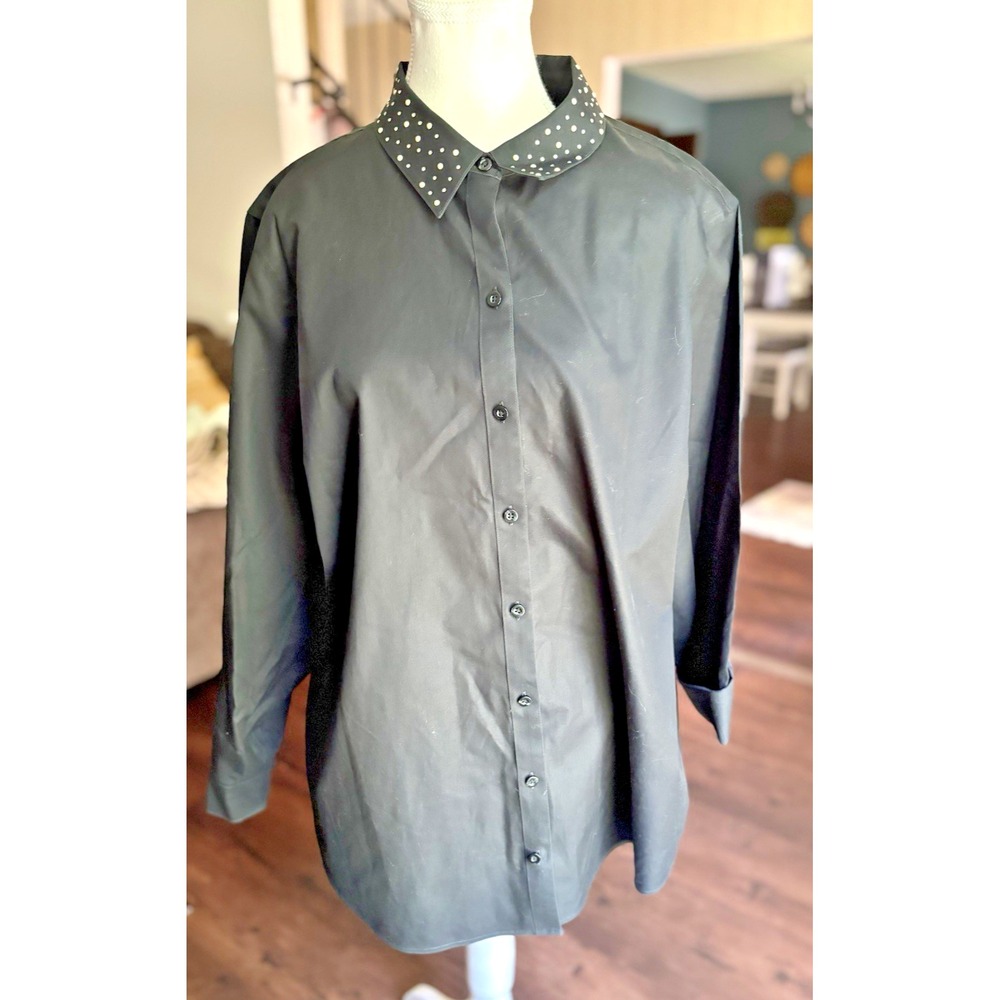 Chicos Womens Size XXL Black Button Up Long Sleeve Shirt Studded Plus Cotton